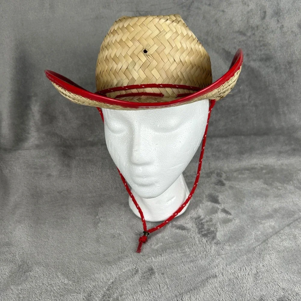 Kids Woven Straw Cowboy Hat Red Trim Western Costume Sheriff Accessory